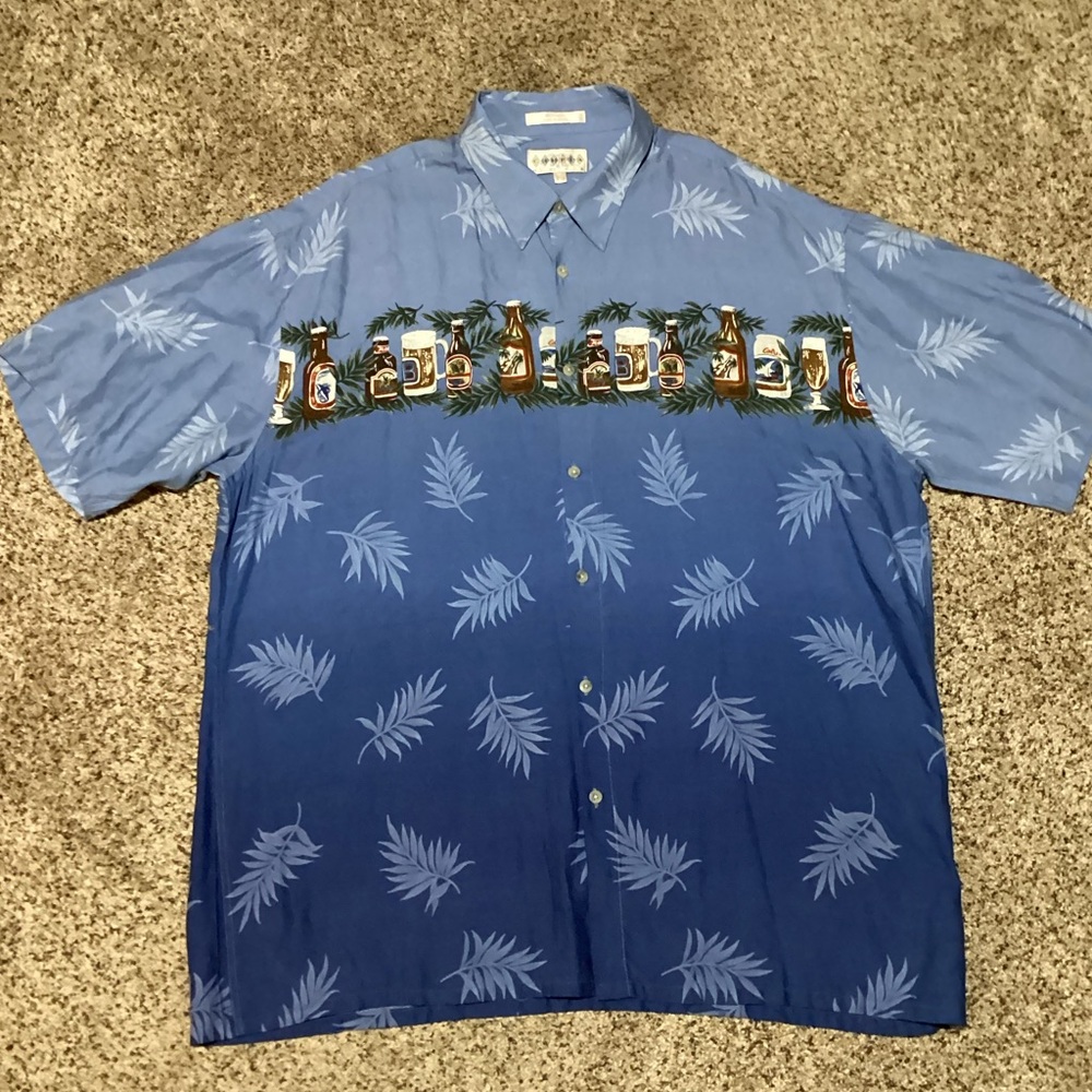 Campia Moda Men’s Blue Beer Print Hawaiian Shirt Rayon Tropical Button Front XL